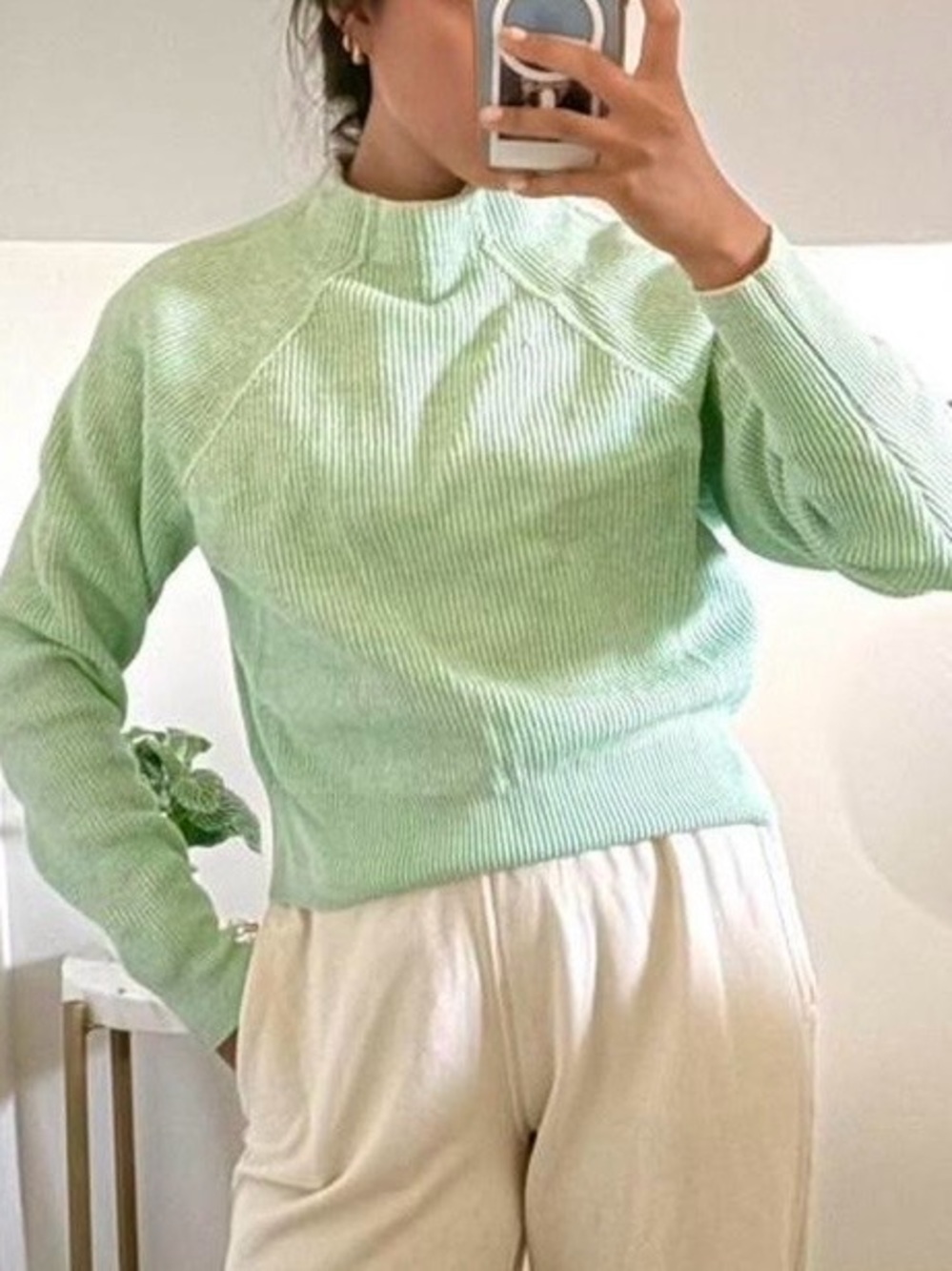 Free People Mint Ribbed Mock Neck Sweater